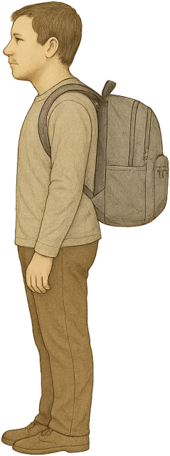 Scale illustration of Adult carrying a backpack, calibrated to its defined standing height measurement.