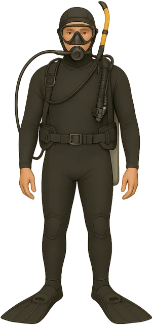 Scale illustration of Adult in diving gear, calibrated to its defined standing height measurement.
