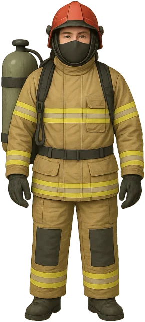 Scale illustration of Adult in firefighting gear, calibrated to its defined standing height measurement.