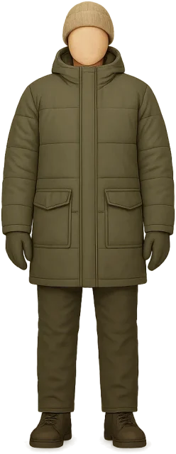 Scale illustration of Adult winter clothing ensemble, calibrated to its defined clothing mass measurement.