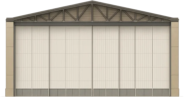 Scale illustration of Aircraft assembly hangar, calibrated to its defined clear-span width measurement.