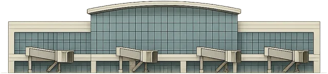 Scale illustration of Airport terminal building, calibrated to its defined frontage length measurement.