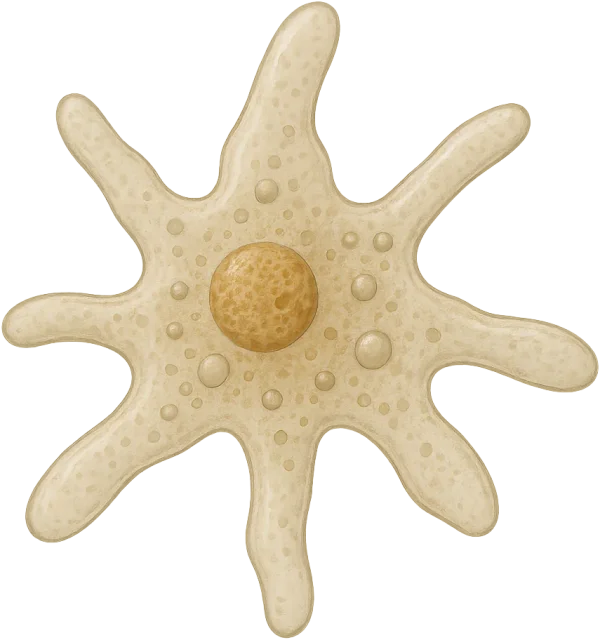 Scale illustration of Amoeba cell, calibrated to its defined maximum projected span measurement.