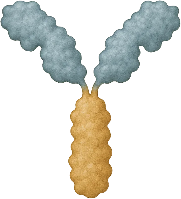 Scale illustration of IgG antibody molecule, calibrated to its representative maximum molecular span measurement.