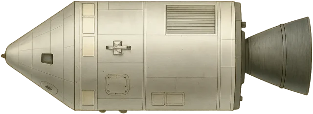 Scale illustration of Apollo command and service module, calibrated to its overall docked length measurement.
