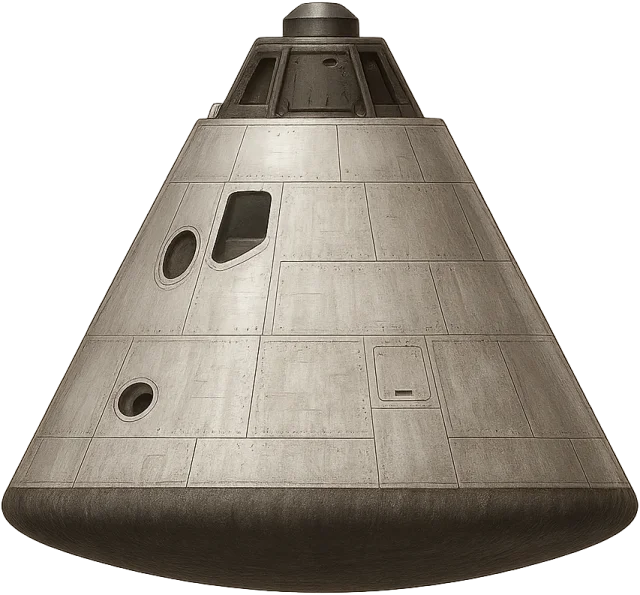 Scale illustration of Apollo command module, calibrated to its command-module height measurement.
