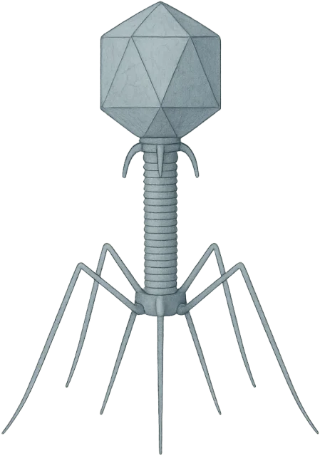 Scale illustration of Bacteriophage T4, calibrated to its head-to-tail length measurement.
