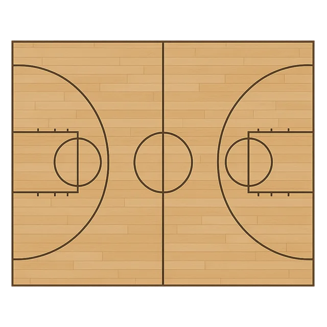 Scale illustration of 28 × 15 m basketball court, calibrated to its length measurement.