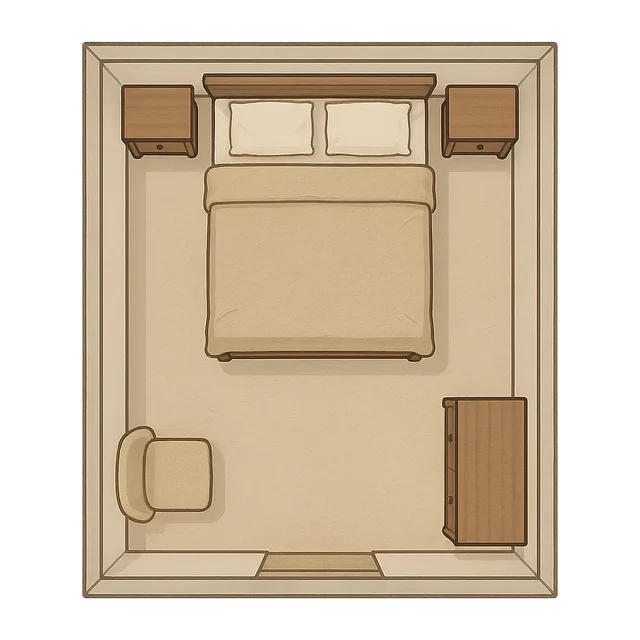 Scale illustration of 3 × 4 m bedroom, calibrated to its length measurement.