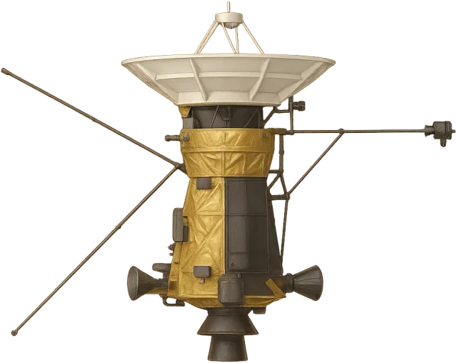 Scale illustration of Cassini spacecraft, calibrated to its overall spacecraft height measurement.