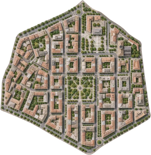 Scale illustration of 4 km² district, calibrated to its area measurement.