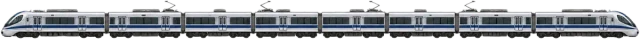 Scale illustration of Eight-car train, calibrated to its length measurement.