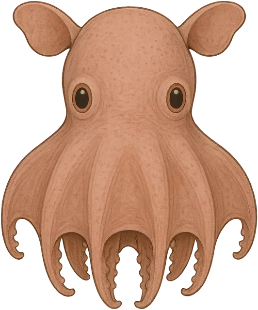 Scale illustration of Dumbo octopus, calibrated to its defined arm-tip-to-fin-tip length measurement.