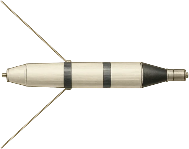Scale illustration of Explorer 1, calibrated to its overall spacecraft length measurement.
