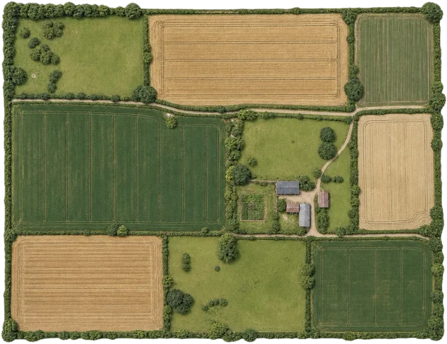 Scale illustration of 100 hectare farm, calibrated to its area measurement.