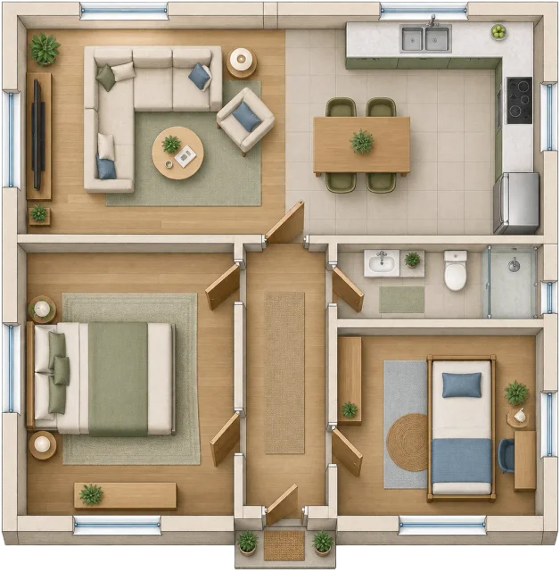 Scale illustration of 100 m² home, calibrated to its length measurement.