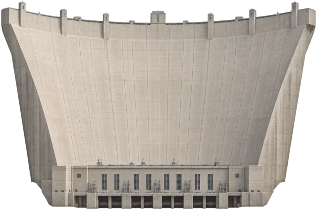 Scale illustration of Hoover Dam, calibrated to its height measurement.