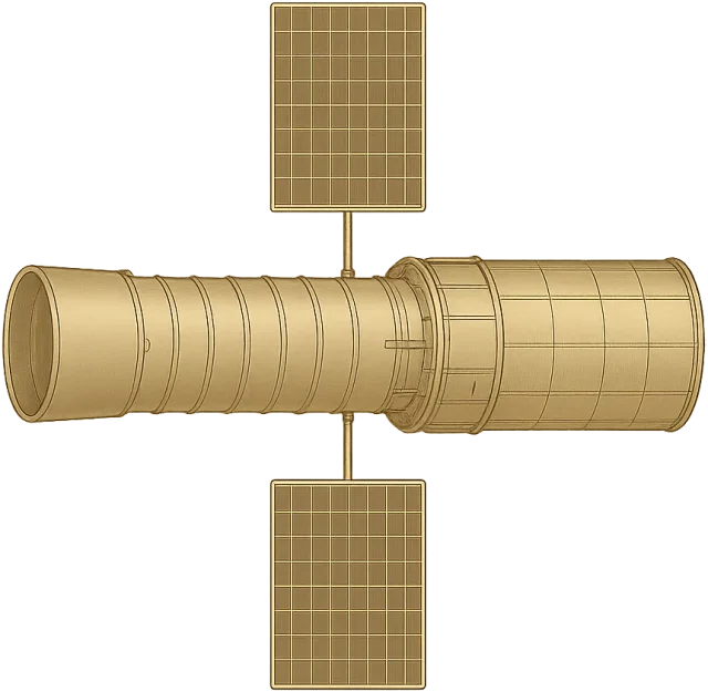 Scale illustration of Hubble Space Telescope, calibrated to its overall length measurement.