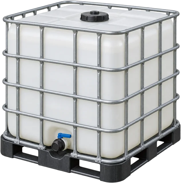 Scale illustration of 1,000 litre IBC tank, calibrated to its volume measurement.