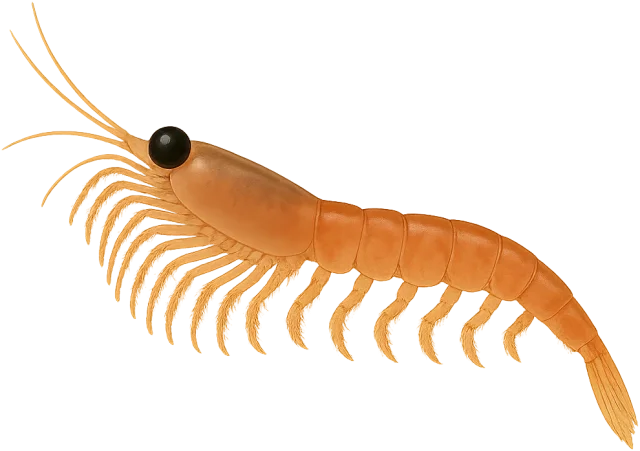 Scale illustration of Antarctic krill, calibrated to its defined adult body length measurement.