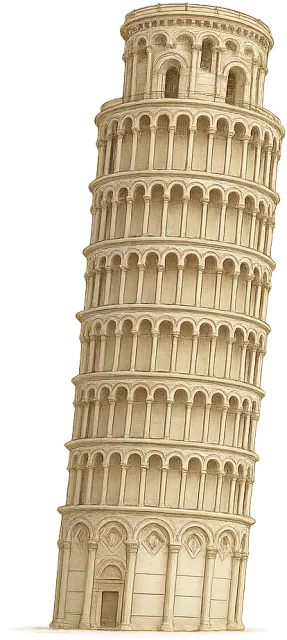 Scale illustration of Leaning Tower of Pisa, calibrated to its overall height measurement.