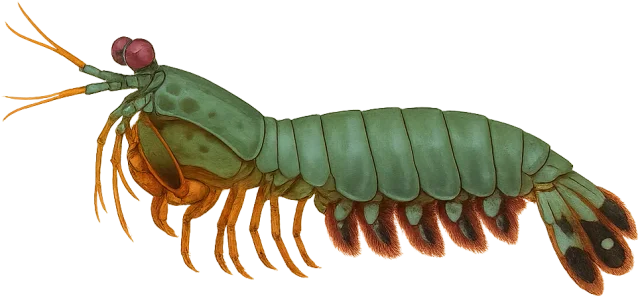 Scale illustration of Mantis shrimp, calibrated to its defined body length measurement.