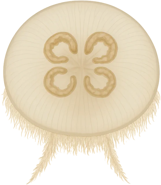 Scale illustration of Moon jellyfish, calibrated to its defined bell diameter measurement.