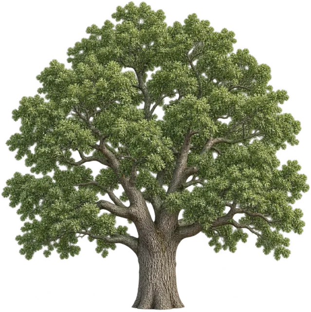 Scale illustration of Oak tree, calibrated to its height measurement.