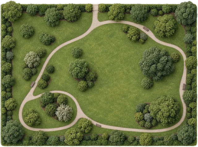 Scale illustration of 10 hectare park, calibrated to its area measurement.