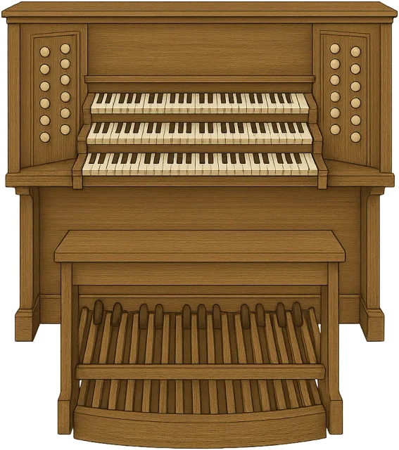 Scale illustration of Pipe organ console, calibrated to its defined console width measurement.
