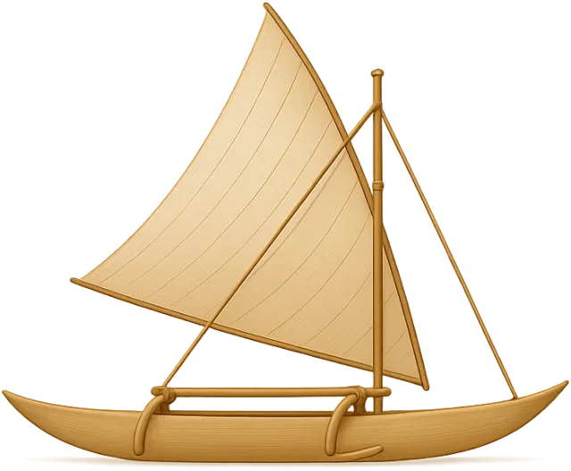 Scale illustration of Polynesian outrigger canoe, calibrated to its defined hull length measurement.