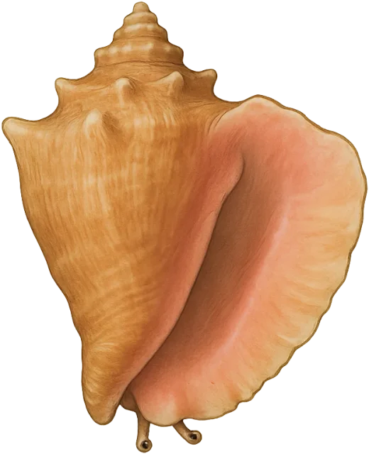 Scale illustration of Queen conch, calibrated to its defined shell length measurement.