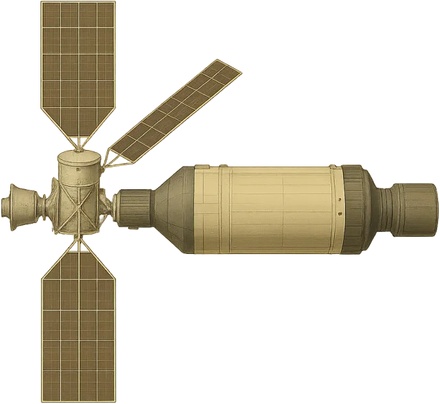 Scale illustration of Skylab, calibrated to its overall orbital length measurement.