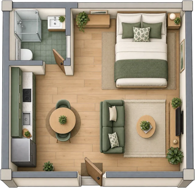 Scale illustration of 5 × 5 m studio, calibrated to its length measurement.