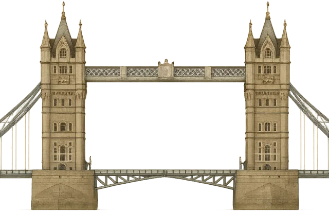 Scale illustration of Tower Bridge, calibrated to its central span between tower centres measurement.