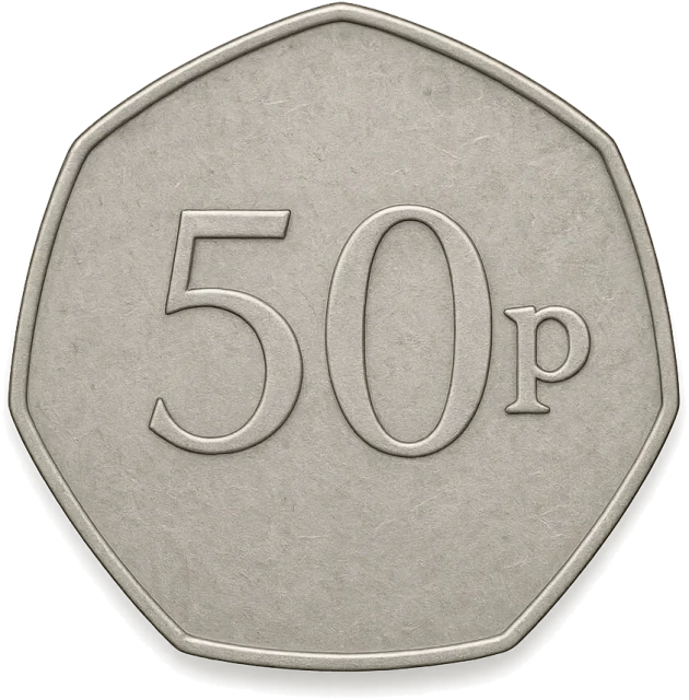 Scale illustration of UK 50p coin, calibrated to its specified maximum diameter measurement.