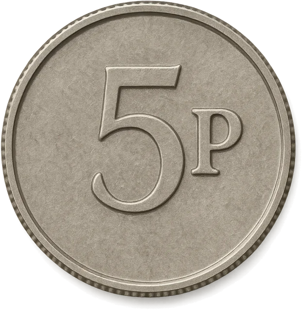 Scale illustration of UK 5p coin, calibrated to its specified diameter measurement.