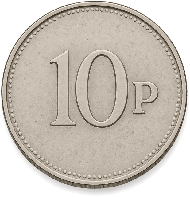Scale illustration of UK 10p coin, calibrated to its specified diameter measurement.