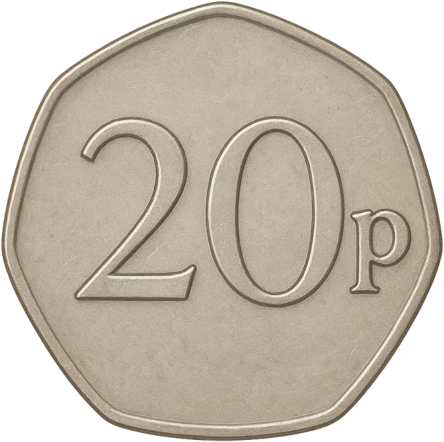 Scale illustration of UK 20p coin, calibrated to its specified maximum diameter measurement.