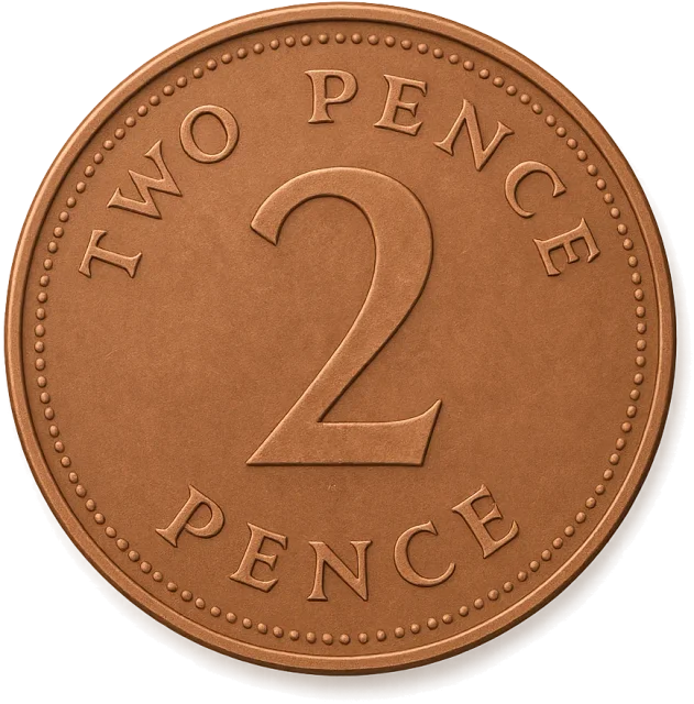 Scale illustration of UK 2p coin, calibrated to its specified diameter measurement.