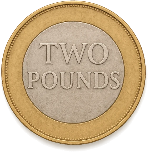 Scale illustration of UK £2 coin, calibrated to its specified diameter measurement.