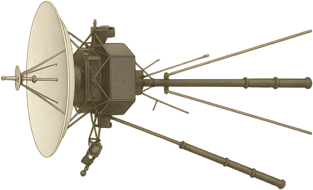 Scale illustration of Voyager 1 spacecraft, calibrated to its approximate dish-to-bus span measurement.