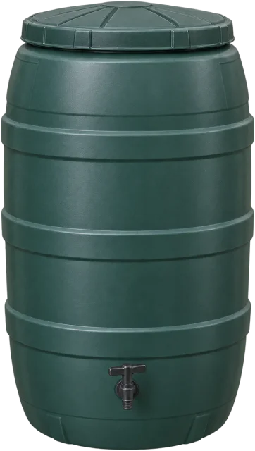 Scale illustration of 200 litre water butt, calibrated to its volume measurement.