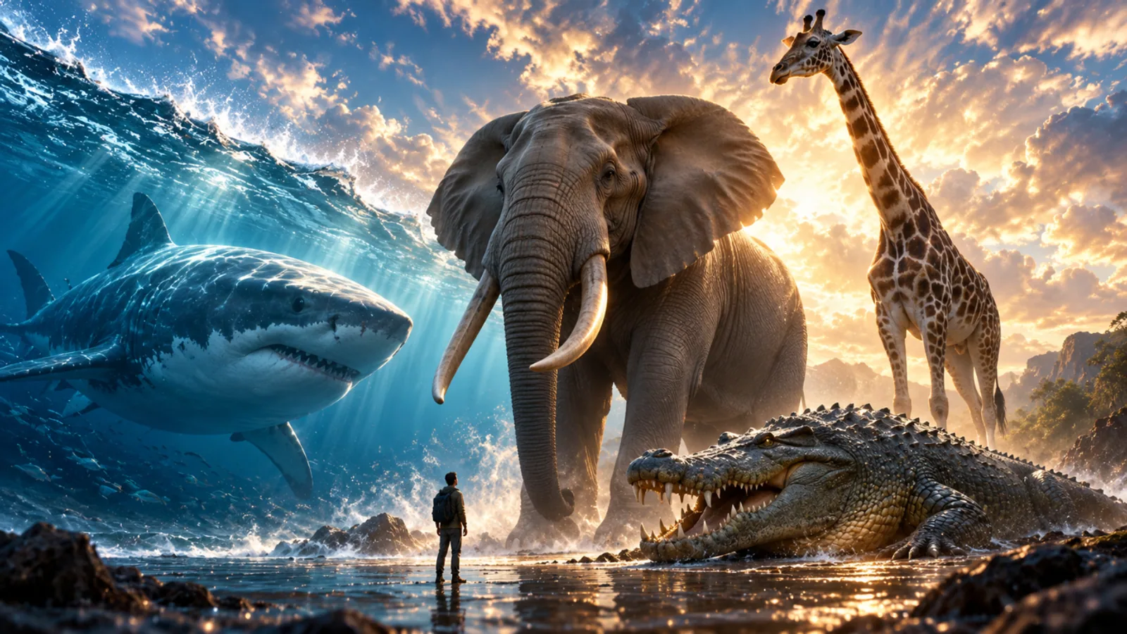 Cinematic illustration of a person facing an elephant, giraffe, crocodile and great white shark across land and sea.