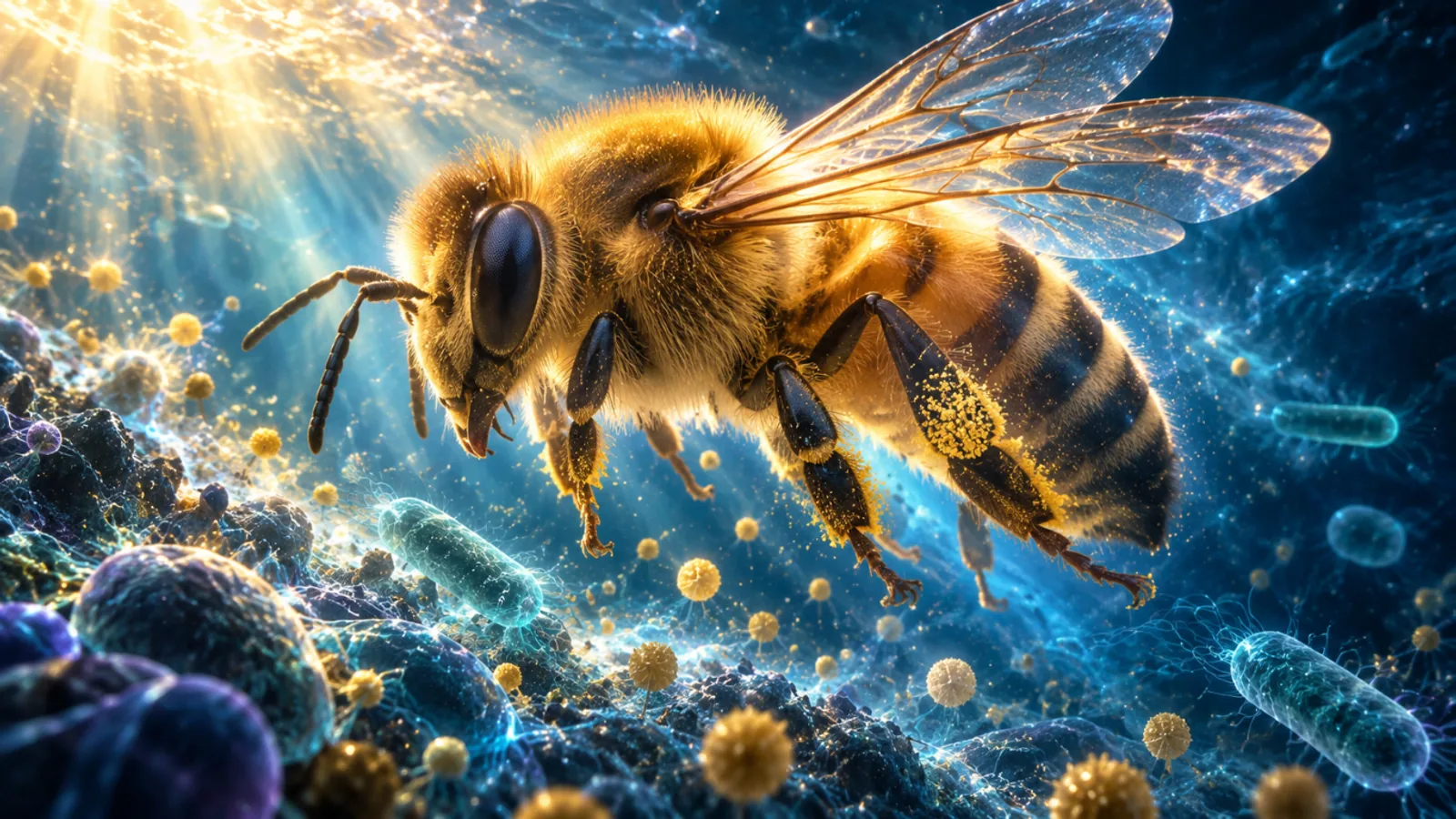 Cinematic illustration of a honeybee surrounded by golden pollen and blue microscopic forms.