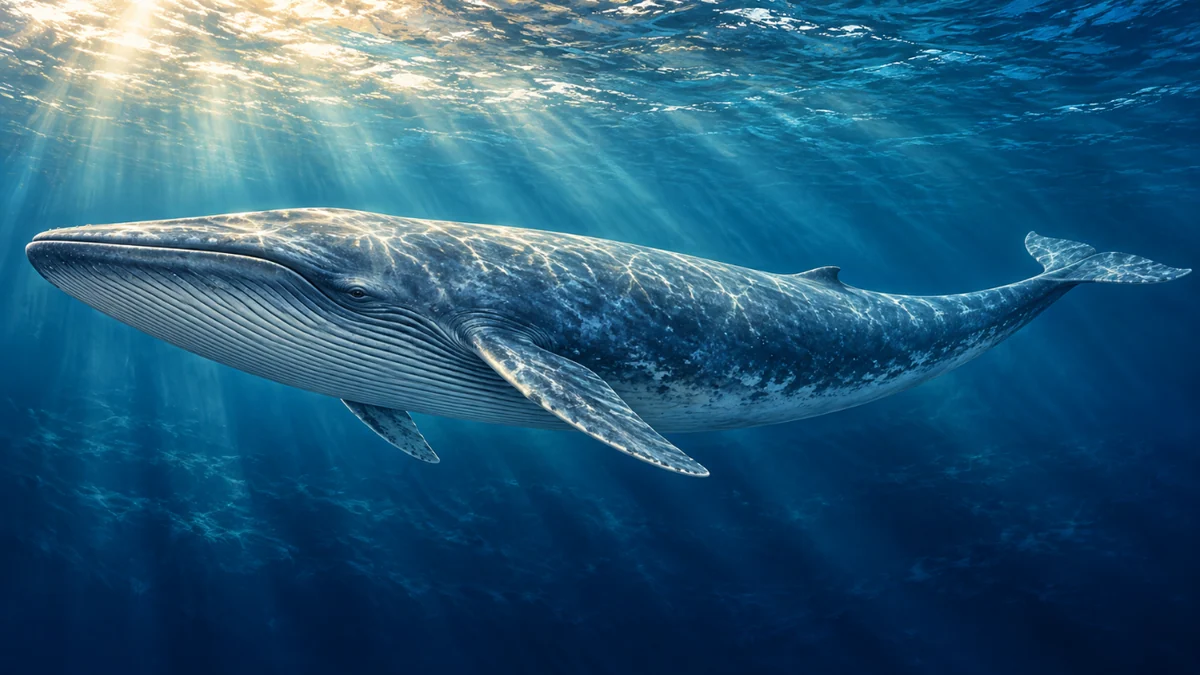 A blue whale swimming beneath sunlit ocean water.