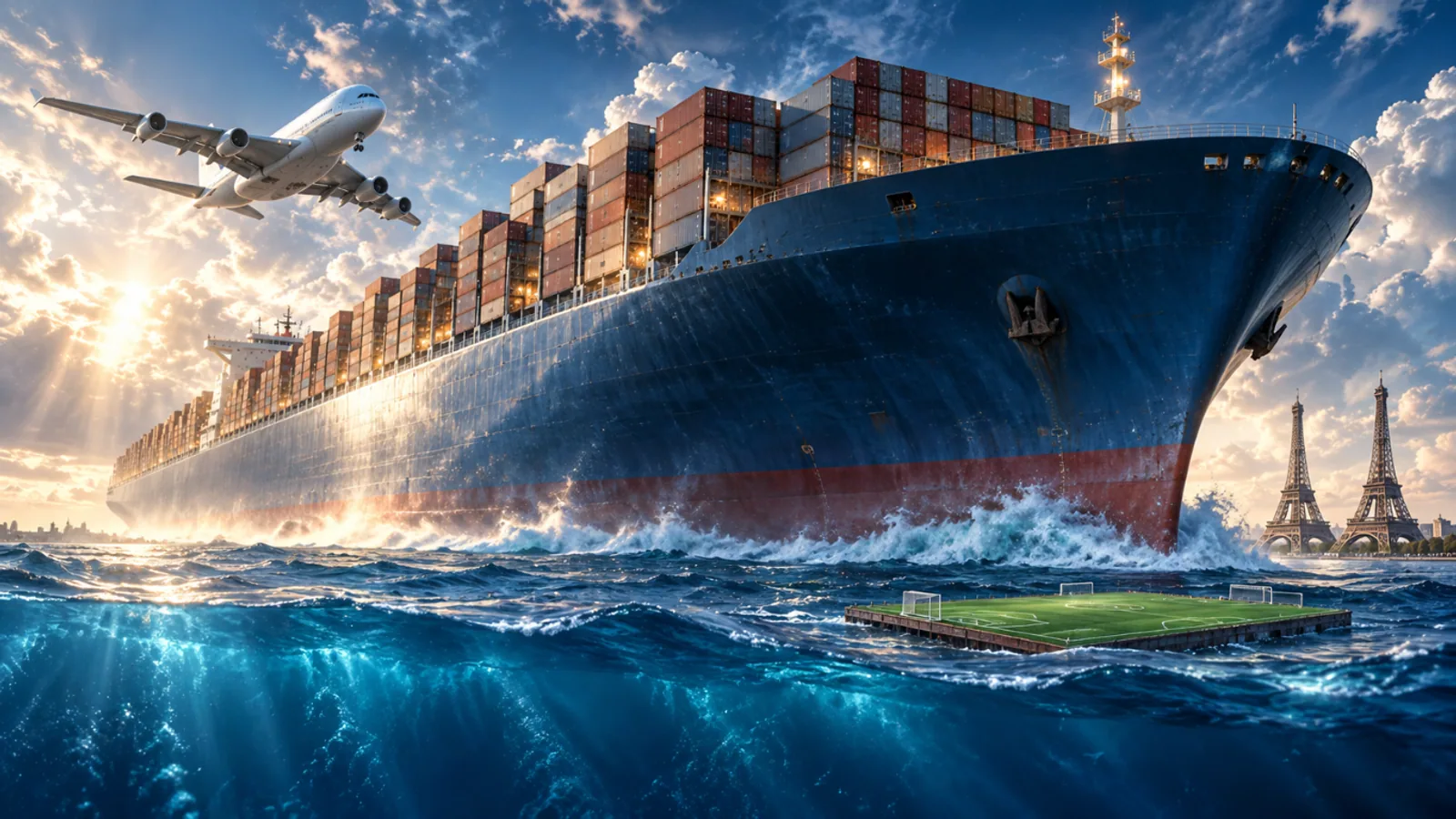 Cinematic illustration of a container ship beside a floating football pitch, with a passenger jet and Eiffel Tower silhouettes.