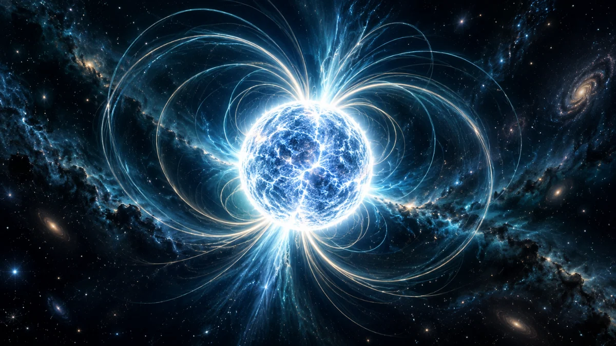 An illustrated luminous stellar remnant against a deep-space background.